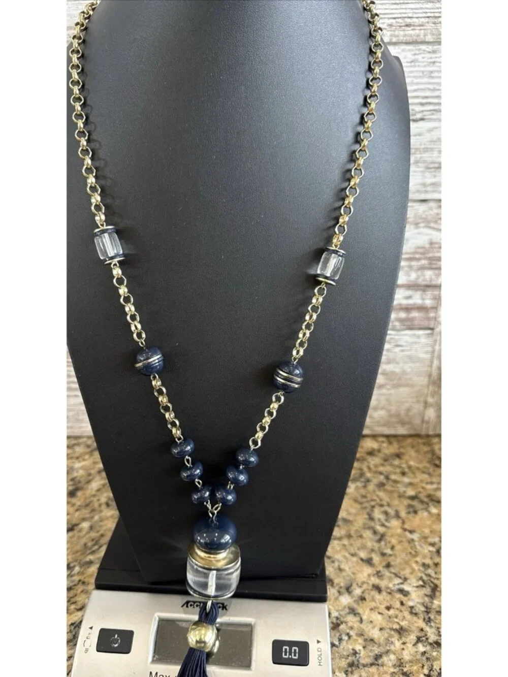 Chico’s Tassel Necklace  Navy Blue W/ Pendant Beaded Chain Gold Tone 32” - Picture 6 of 6